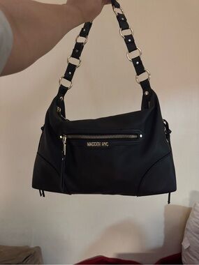 Steve Madden Black Shoulder Bag with Gold Rings and Front Zip